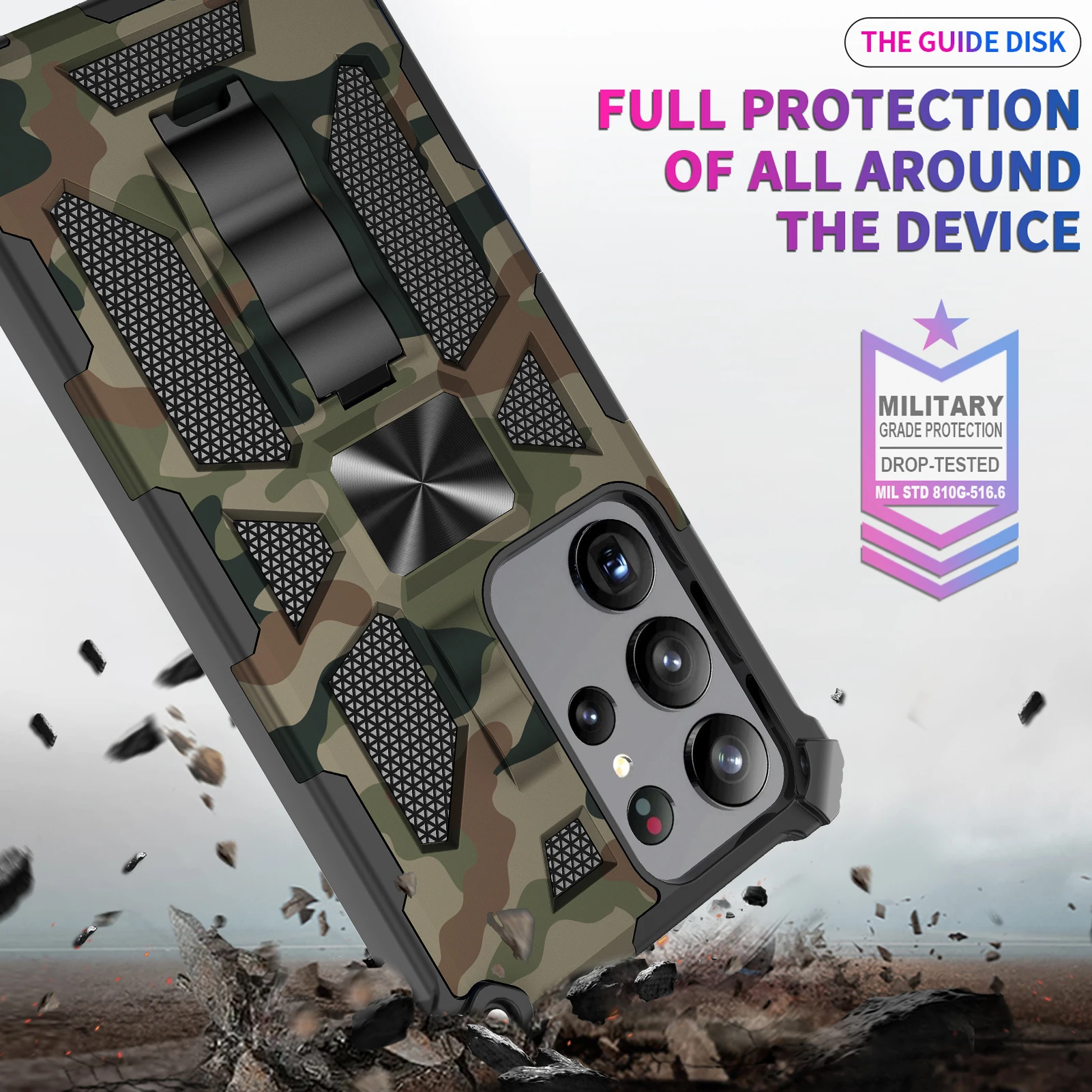 Militärische Tarnmuster-Schutzhülle für Samsung Galaxy S26Ultra S25 FE S22 S23 S24 Note 20 A17 A57 A56 A15 A16 mit Ständer – Detail 10