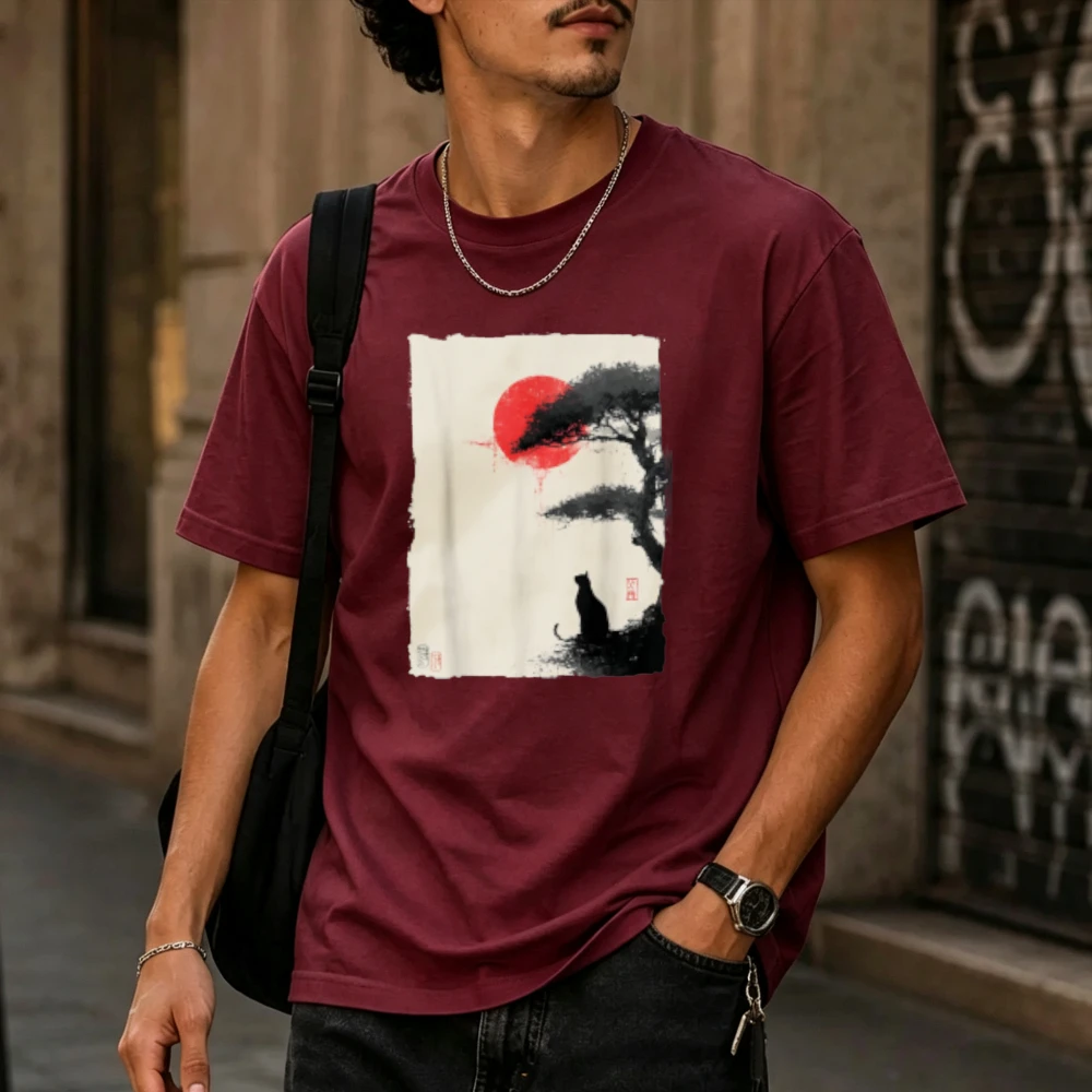 Chinese Ink Wash Landscape Pine Tree Red Sun Lonely Figure Vintage Oriental Brush Painting Print Men Cotton T Shirt Casual Tees