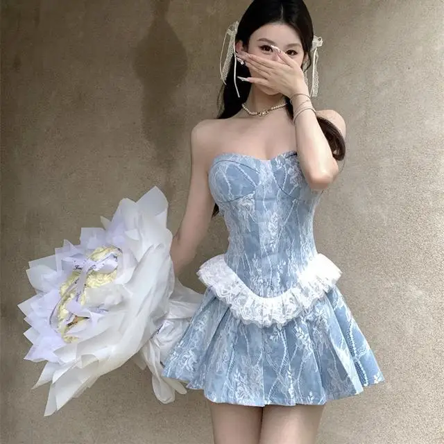 Tube Top Dress High Quality Lace Stitching Pure Desire Gentle Sky Blue Princess Fluffy Short Waist A-Line Dress Skirt