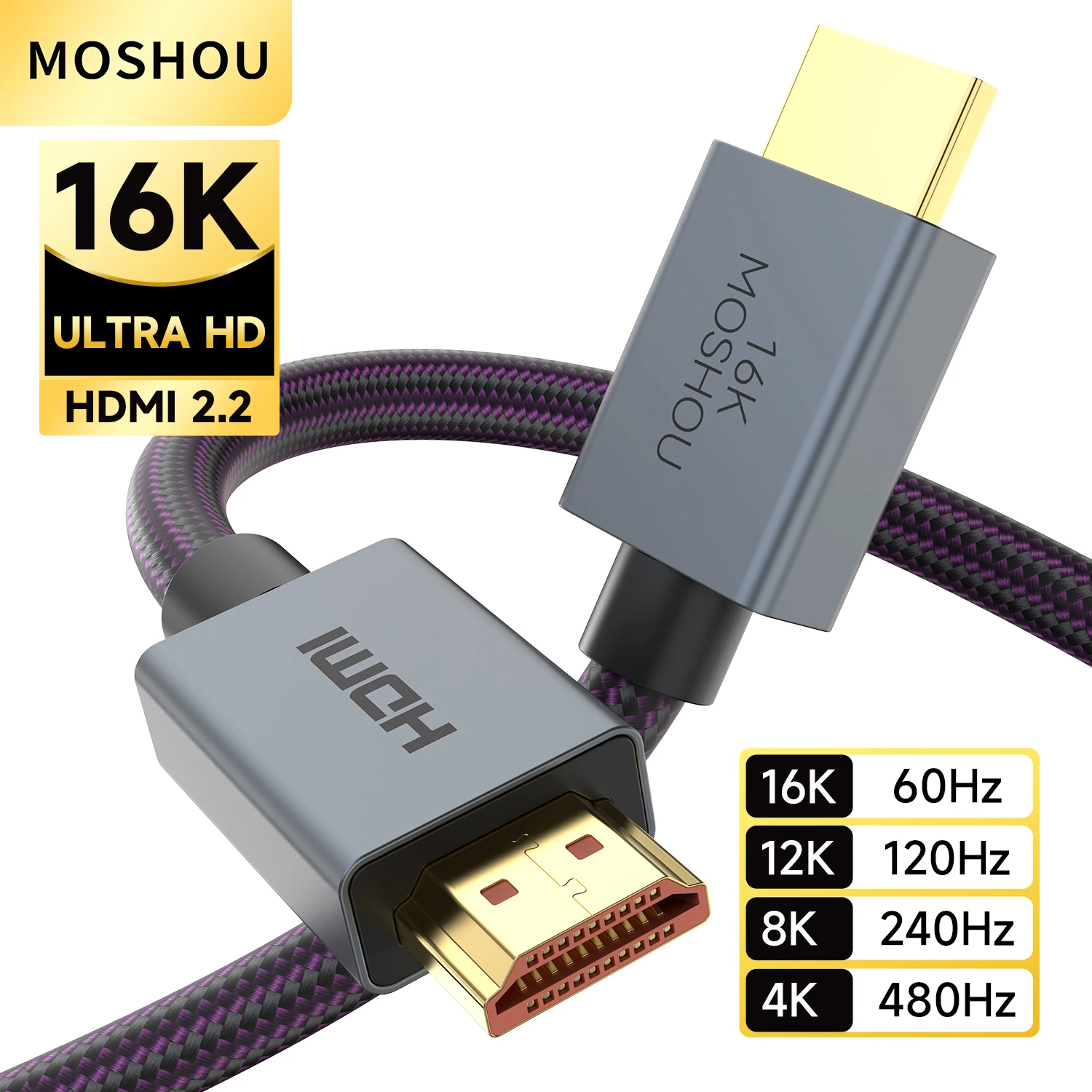 16K HDMI 2.2 Cable 96Gbps Ultra High Speed Braided Cord 4K@480Hz 8K@240Hz HDCP 2.2&2.3 Dynamic HDR EARC DTS:X for Roku TV HDTV