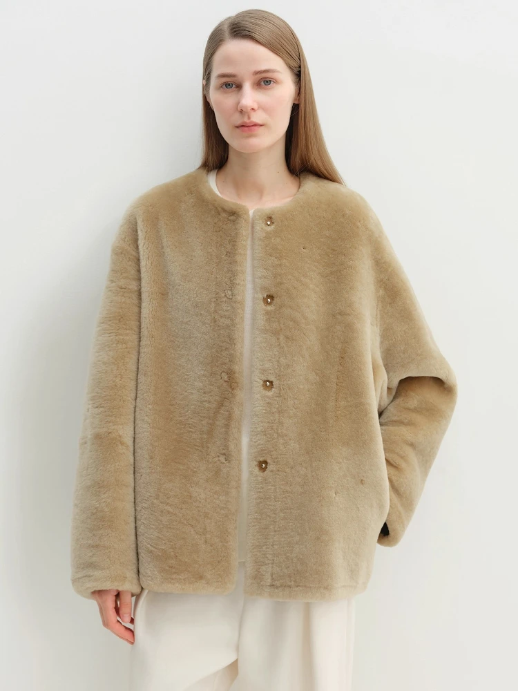 الراقية الفاخرة ميرينو الأغنام الفراء امبسوول سترة للنساء بسيطة الكلاسيكية س الرقبة الشتاء جلد طبيعي معطف الفراء الحقيقي شيرلينغ #1