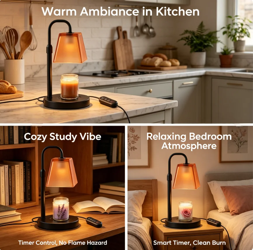 Electric Candle Warmer Lamp with 4-Key Smart Timer & Dimmer, Dusty Orange Glass Shade Wax Melter for Jar Candles, Adjustable Brightness, Housewarming Gifts for New Home, US Plug Bedroom Desk Lamp view 7