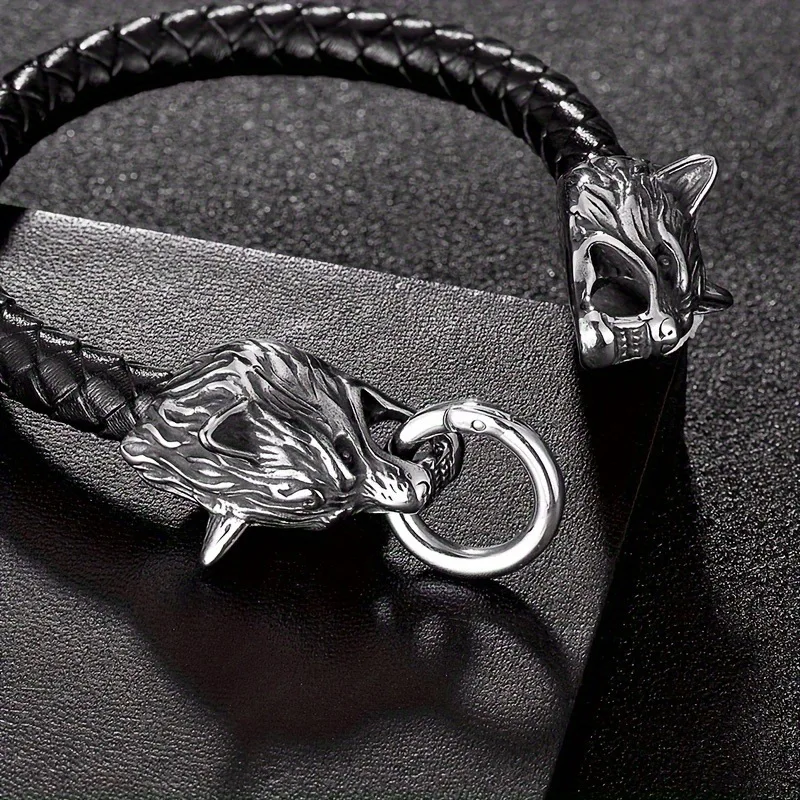 Retro Viking dubbele wolf hoofd lederen armband voor mannen persoonlijkheid charme sieraden straat feest accessoires