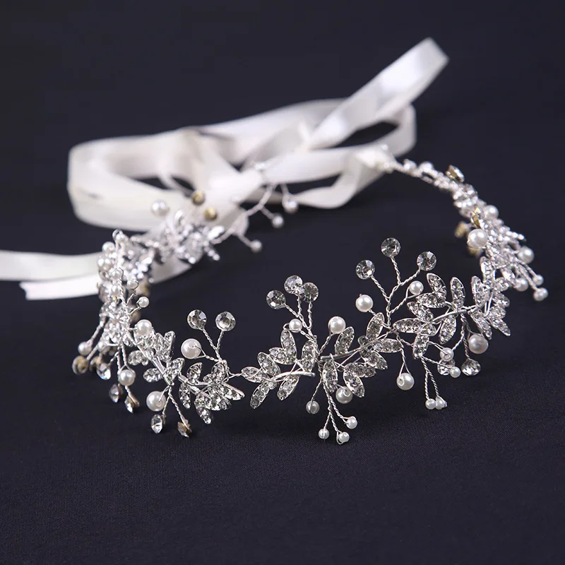 New Crystal Flower Headband Ribbon Bow Hairband for Bride Wedding Hair Accessories Pearl Head Flower Headbands Women Headwear