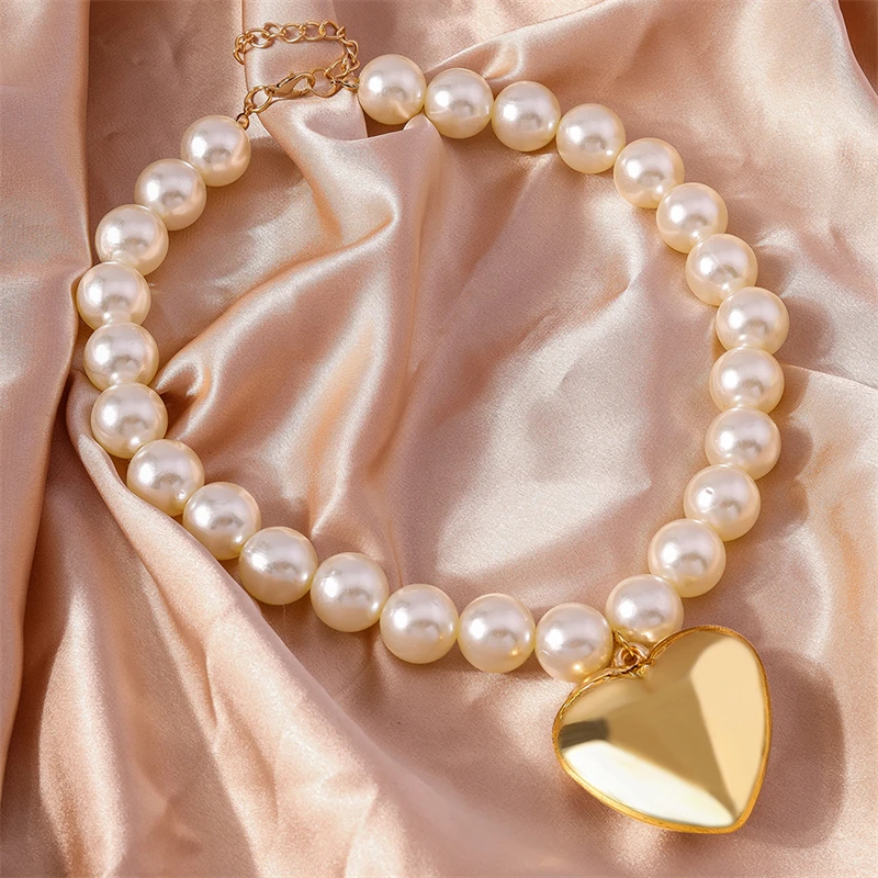 Elegant Imitation Pearl Necklace for Women Big Love Heart Pendant Necklace Girls Party Festival Jewelry Gifts
