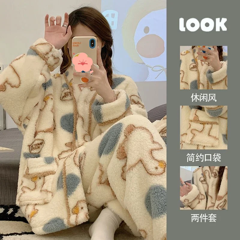 

Фланелевые осенние женские пижамы, зимняя коллекция, милый костюм для девочек, одежда для сна, сохраняющая тепло, утепленная домашняя одежда из кораллового флиса на флисовой подкладке