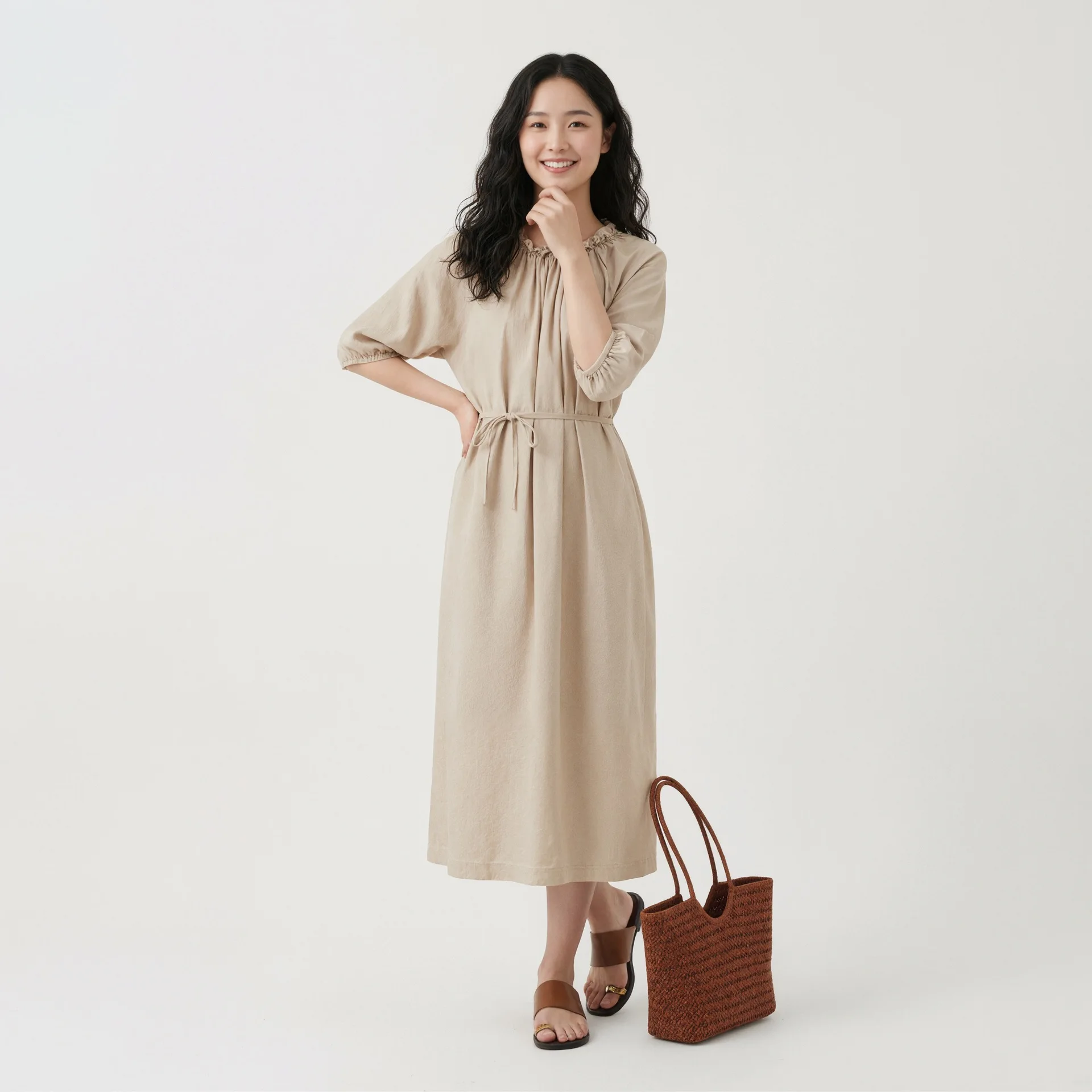 Spring and Summer Women's Casual Solid Color Belt with Black Fungus Lace and Meat Blocking Temperament Dress