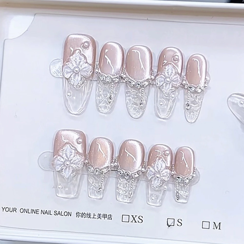 10 Buah Stiker Pesta Kuku Buatan Tangan Dapat Dipakai Mutiara Berlian Bunga Cantik Kuku Penutup Penuh Elips Peti Mati Panjang Perancis Lembut