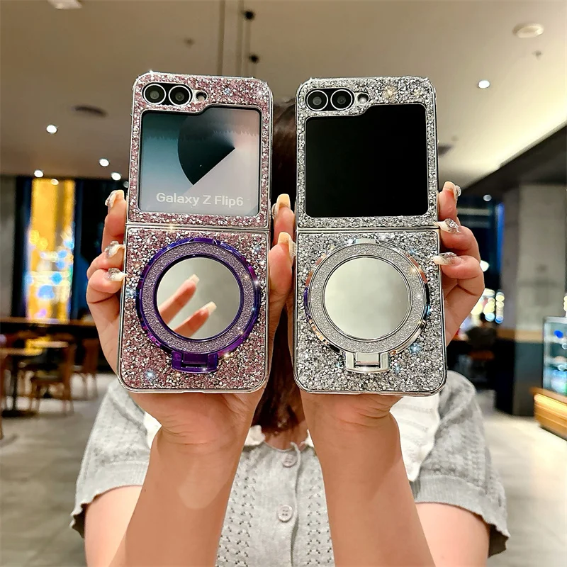 

Electroplated Mirror Bracket Phone Case For Samsung Galaxy Z Flip 6 5 4 3 Flip3 Flip4 Flip5 Flip6 5g Leather Protective Cover Fu