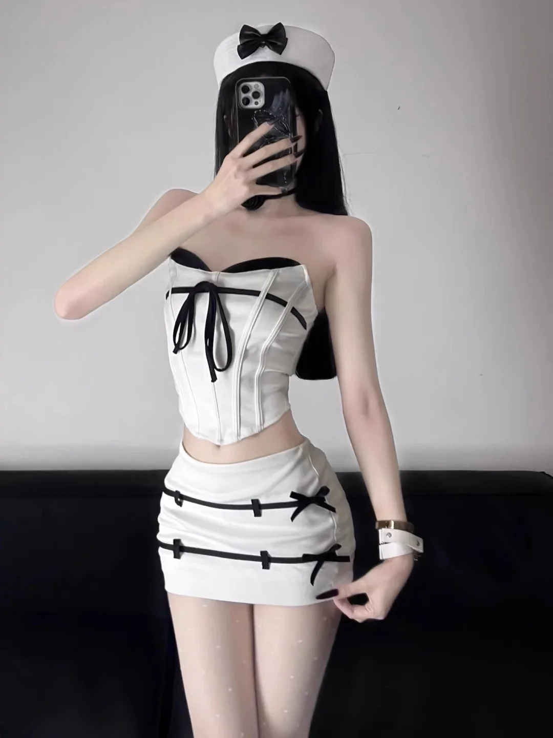 

Sexy Spicy Girl Retro Color Block Knot Tube Top Vest High Waist Short Pants Two Piece Set Women Summer Fashion Outfit