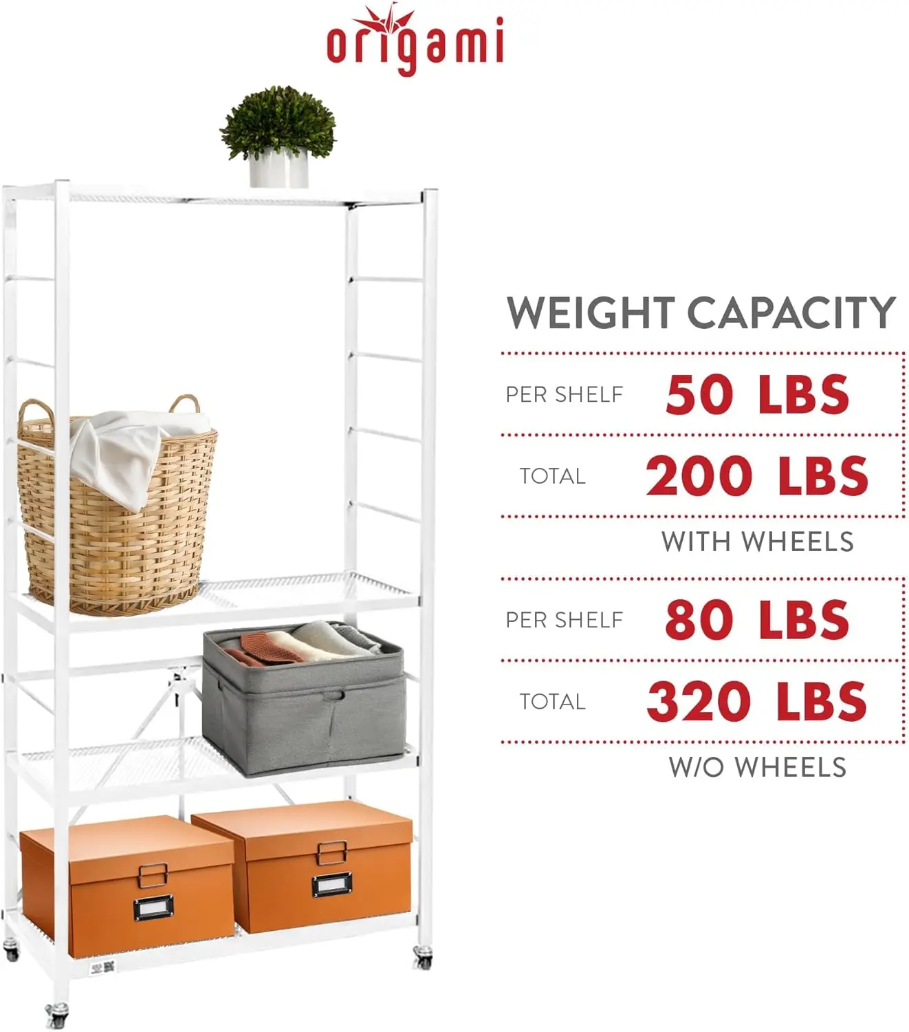 Origami R2 Series Folding Heavy Duty Steel Storage Rack Adjustable Shelving Portable Home Organization Unit With Wheels, Set Of