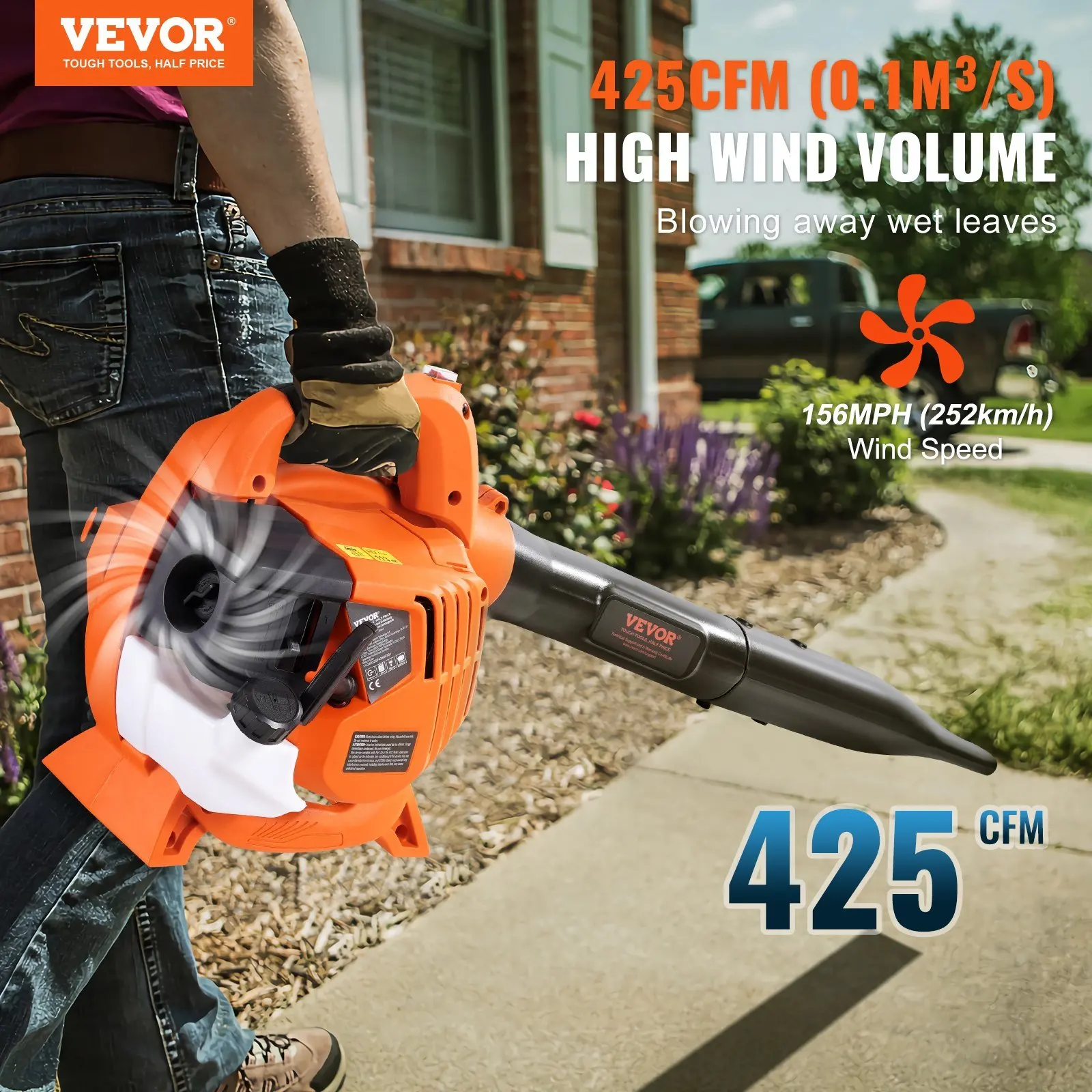 Leaf Blower, 26CC 2-Cycle Handheld Leaf Blower with A Fuel Tank, 2-in-1 Blower 425CFM Air Volume 156MPH Speed, Ideal for Lawn Ca