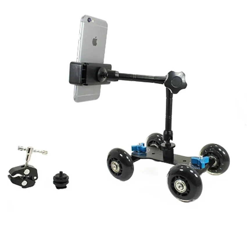 4 عجلة منضدة المحمول المتداول المنزلق دوللي سيارة مع الهاتف الذكي المشبك جبل عدة