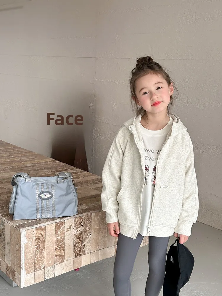 Beifur Children's Hooded Zipper Jacket Girls' Casual Versatile Spliced Open Cardigan Top Trendy Autumn Wear Matching