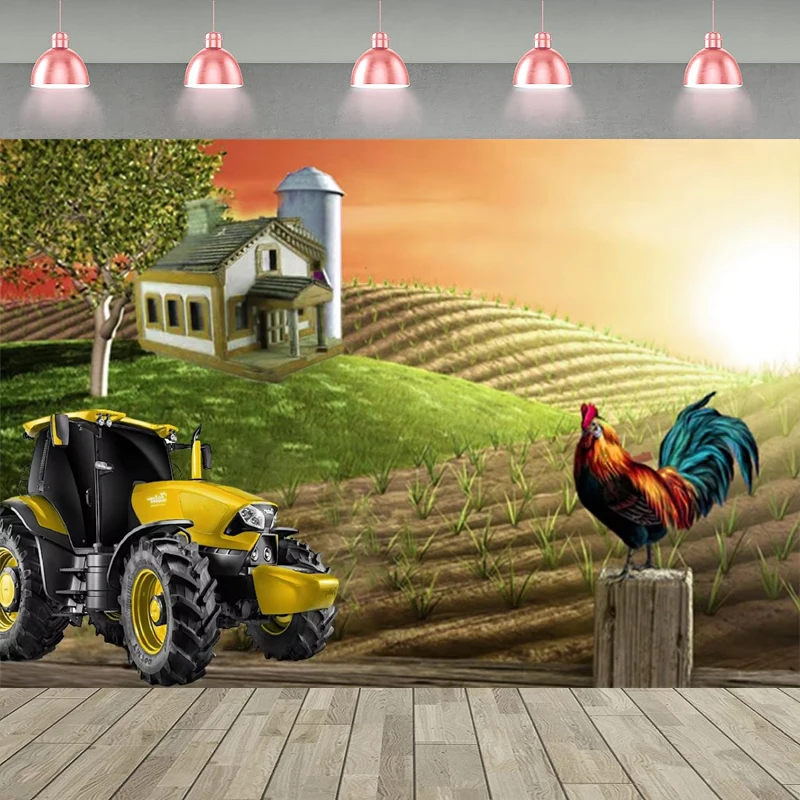 Countryside Farm Photography Backdrop Hills Fall Cornfield Farmland Red Barn Tractor Morning Sunrise Rural Background Poster