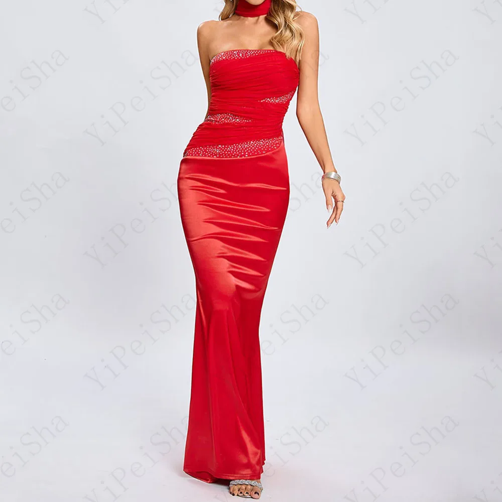 

Customized A-Line Prom Dresses Floor-Length Strapless Sleeveless Evening Gown Fashion Crystal Simple Draped Backless PartY Gown