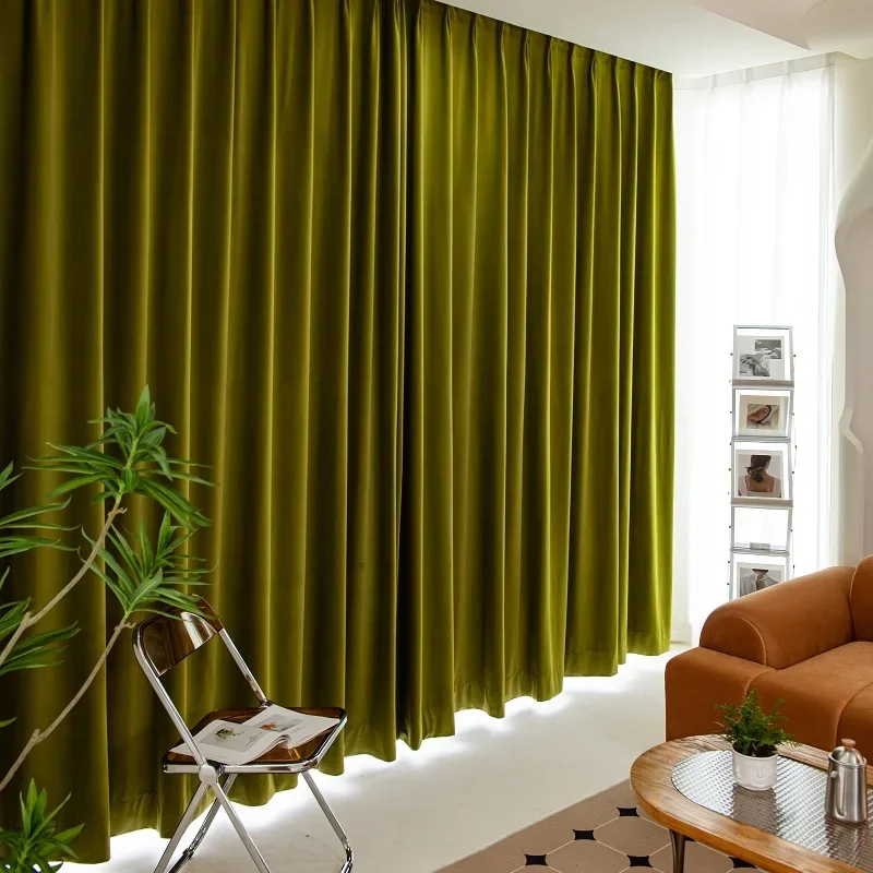 

Green Velvet Curtains for Living Dining Room Bedroom Simple Luxurious American Retro Style Olive Green Customize