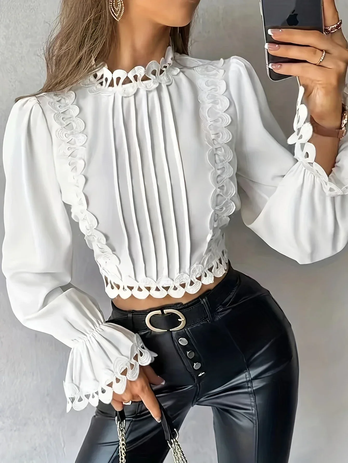 Plus Size 1XL-5XL Women's  Ruffle Spring Elegant Standing Neck Top Women's Trendy Popular Plus Size Sleeves Top Clothing