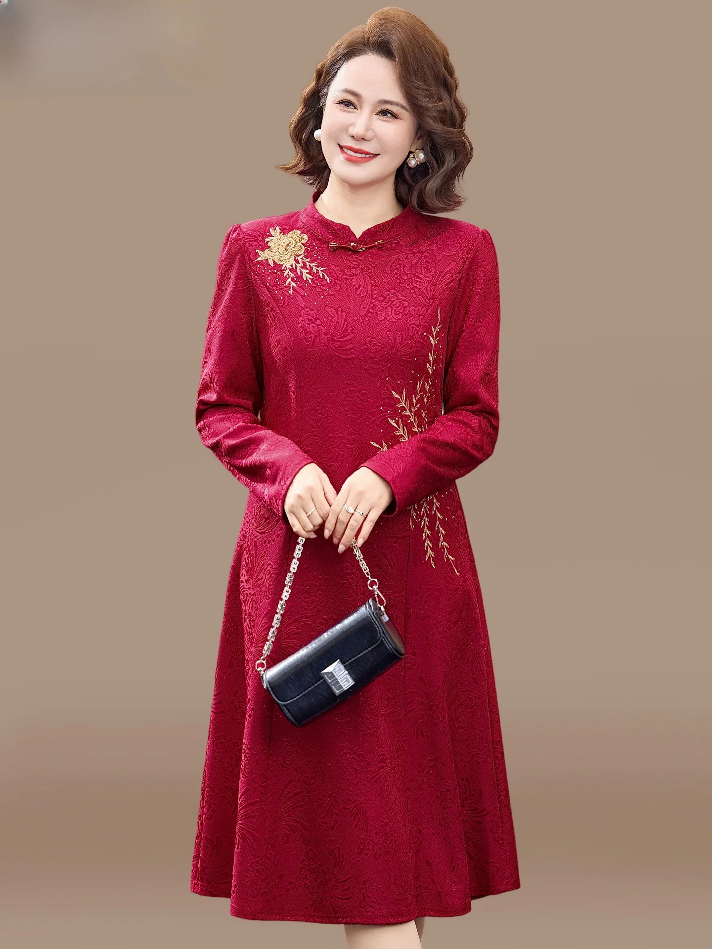 

Ele Mid-aged Women Wedding Dr Long Sve round Ne Midi Dr Polyester Fiber Windproof Spring Faion Casual Dr