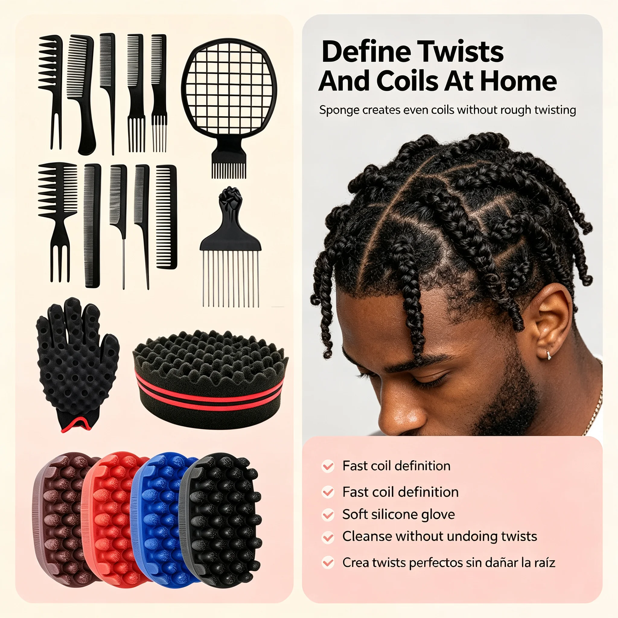 Multi‑Function Hair Styling 18‑Pack Kit, Professional Hair Combs Set With Silicone Scalp Massager, Sponge Hair Twist Tool And Styling Glove, Diy Hair Tools For Dreadlocks Curly Hair Styling And Household Salon Hair Care