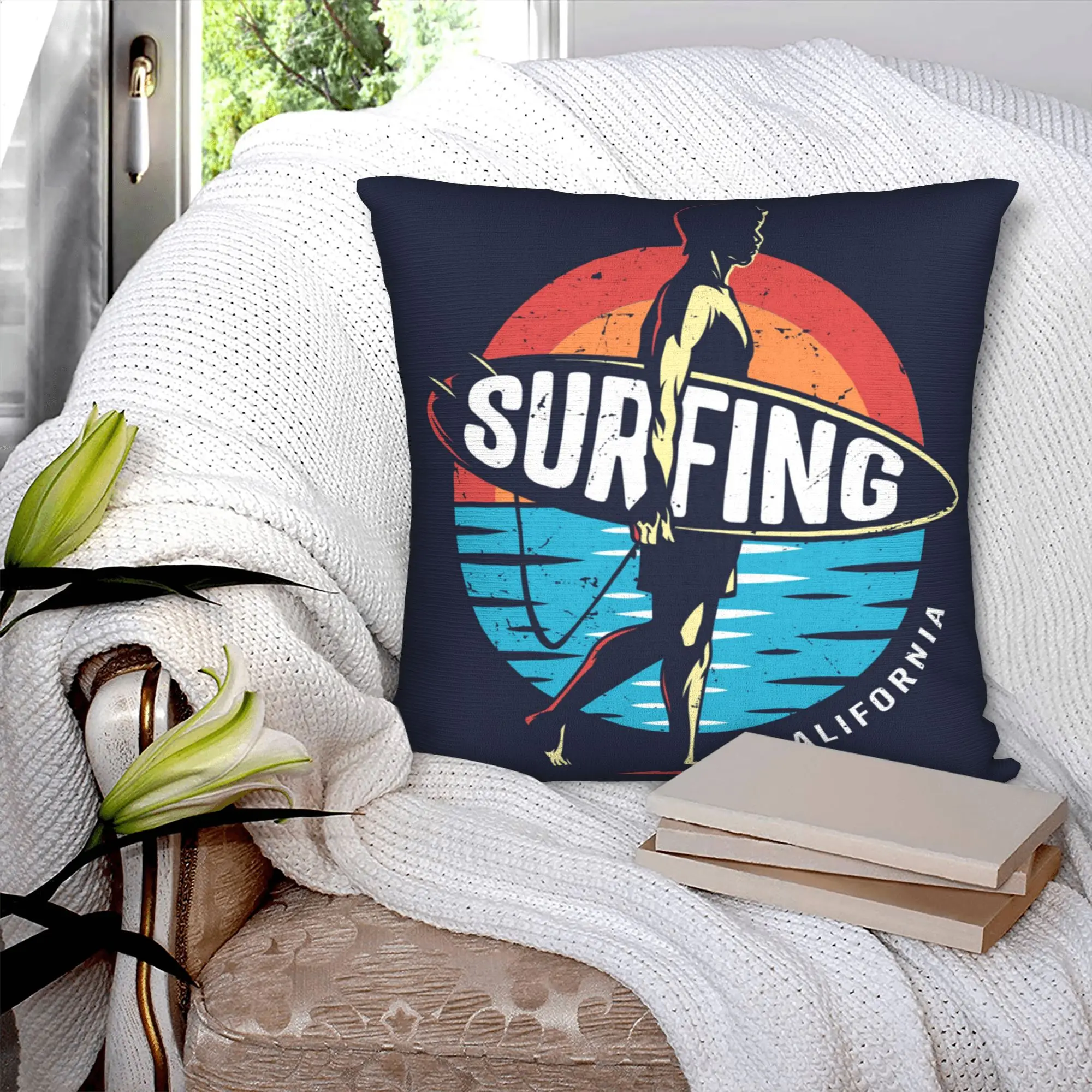 Luxury California Surf Rider Cushion Cover Velvet Funny Surfing Surfer Pillow Case Home Decorative