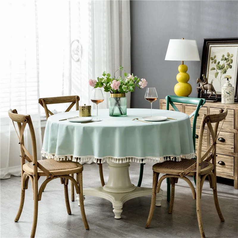 Modern Simple Solid Color Round Tablecloth Household Dustproof Oil-proof Dining Table Cloth Festival Decor Tassel Table Cloth