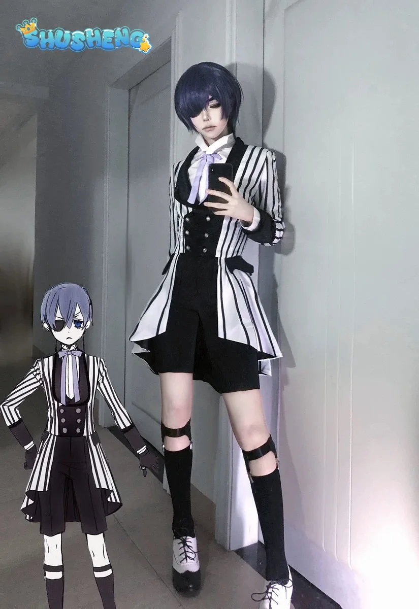 

Ciel Phantomhive Cosplay Costume Anime Black Cos Women Butler Man striped suit shorts tie shirt socks coat Halloween uniform