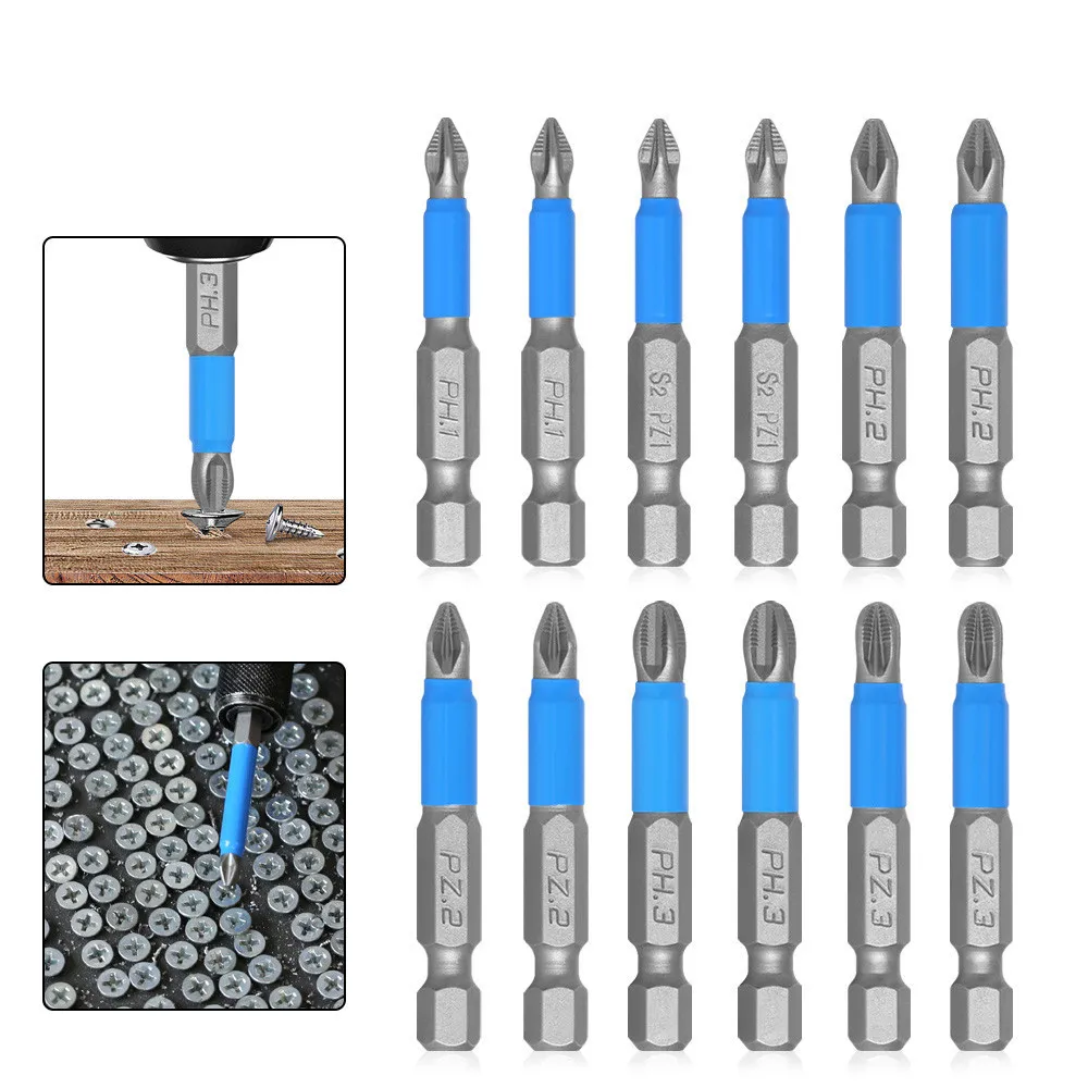 12pcs Bits Alloy Steel 50mm Impact Anti Non-Slip Magnetic Cross Tip PH1 PH2 PH3 PZ1 PZ2 PZ3 For 1/4