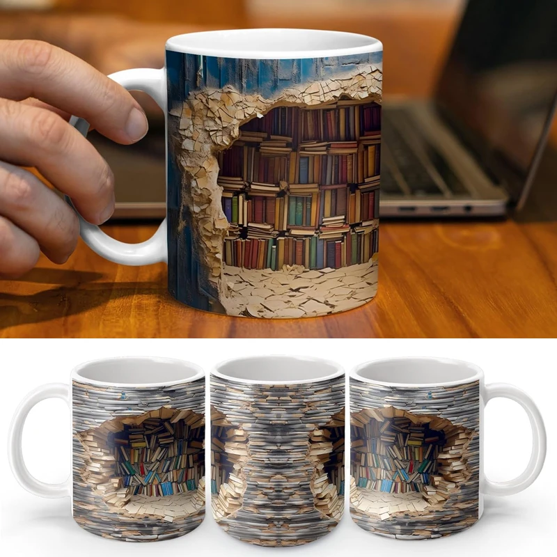 Library Bookshelf Mug, Cool Bookmark Ceramic Coffee Mug, Book Lover Gift, Creative Book Club Mug Coffee Cup