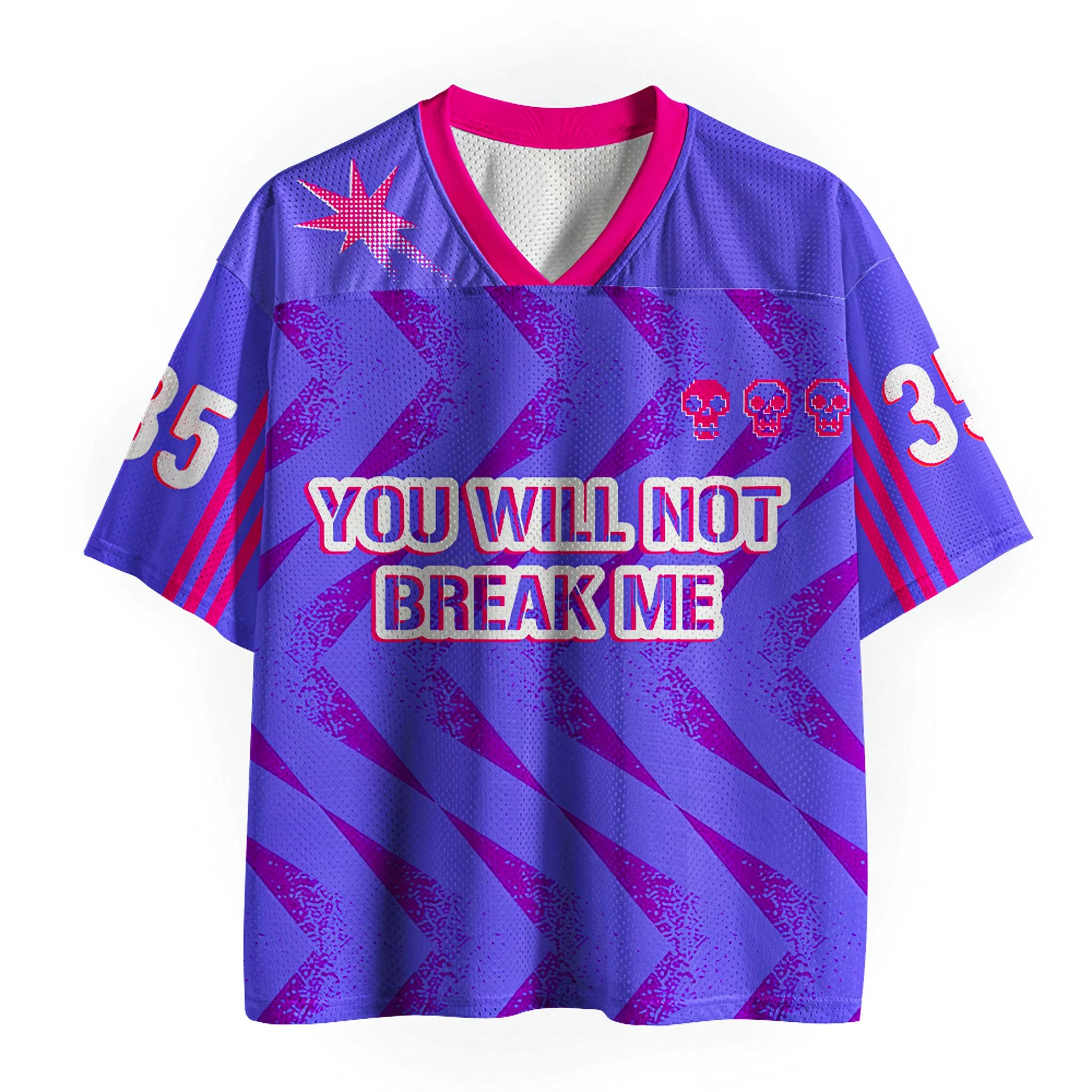 You Will Not Break Me Skull Mesh Jersey T-Shirt, Purple Pink Diagonal Stripe Number Print V Neck Sports Tee