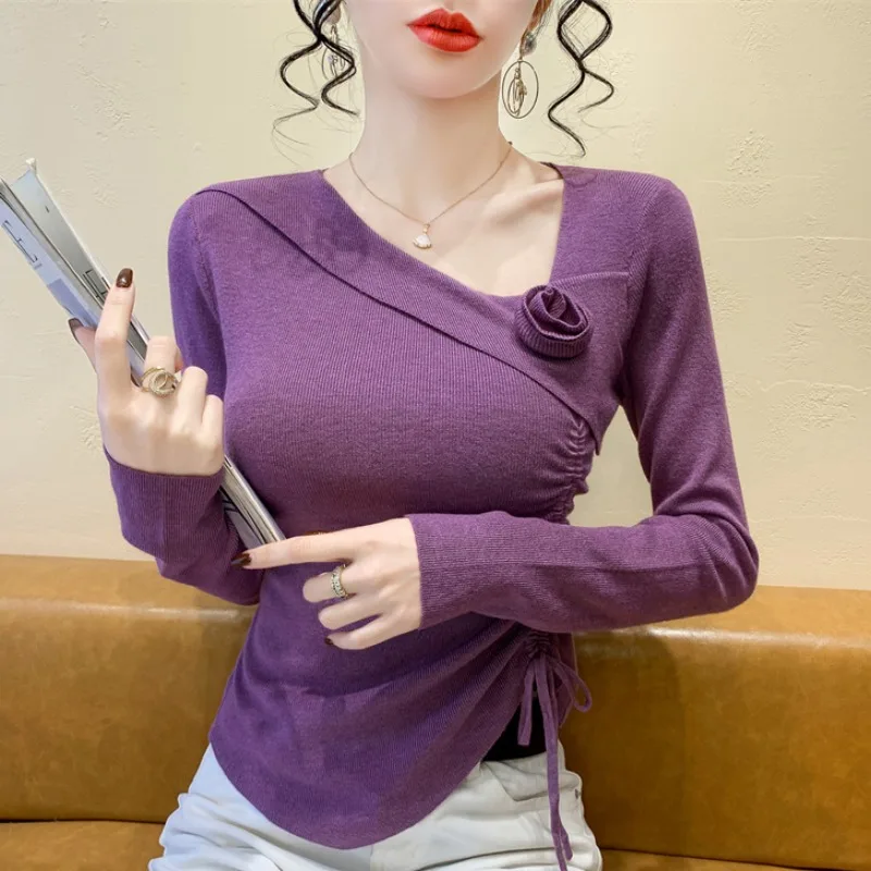 

2025, новинка, европейский, одежда, вязаный, свитер, женский, модный, сексуальный, с косым воротником, трехмерный цветок, длинный рукав, на шнуровке, топы, 41212