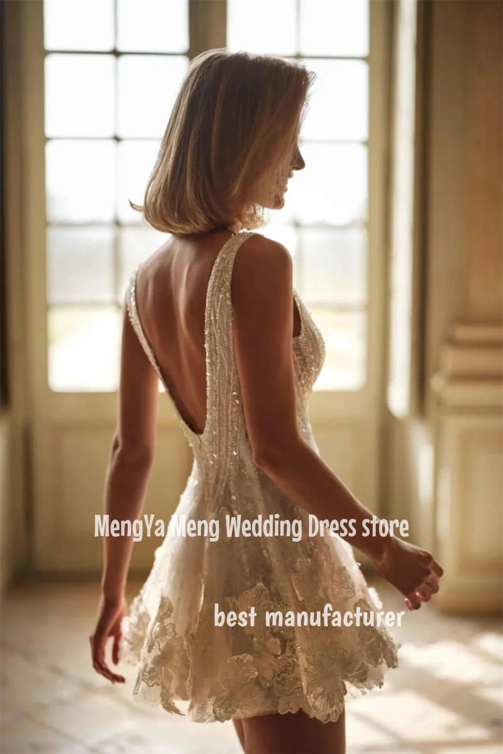 ZHUISHU-vestido de novia de encaje de lujo con lentejuelas, minivestido de novia con cuello en V y cremallera en la espalda, Vestido corto con cuentas, vestido de fiesta Formal personalizado 2025