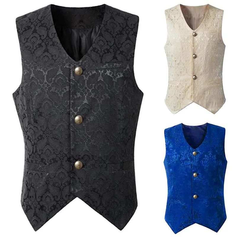 Chaleco negro renacentista Steampunk para hombre, abrigo gótico Jacquard, Chaleco de un solo pecho, vestido Formal de negocios para traje