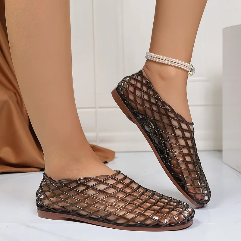 2026 New Hollow-Out Flat Open-Toe Mesh Crystal Sandals For Women, Summer Beach Casual Jelly Shoes_vogvips.com