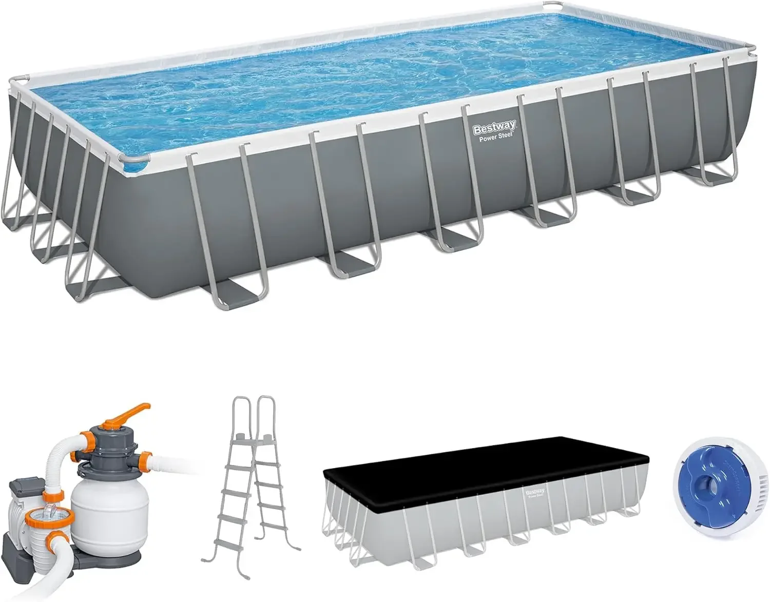 Bestway Power Steel 24’ x 12' x 52” Above Ground Pool, Rectangular Metal Frame Outdoor Swimming Pool Set with Sand Filter Pump, Ladder