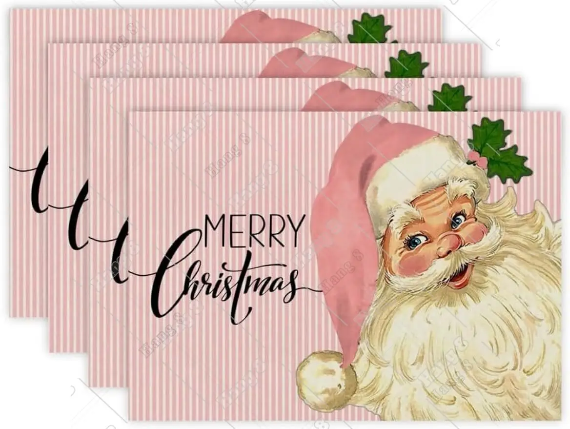 Pink Stripe Christmas Placemats Set of 4 Pink Santa Claus Placemats 12x18 in Holiday Pink Placemats Pink Christmas Decorations