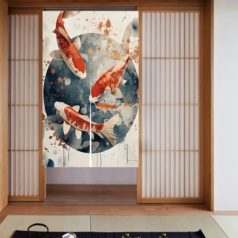 National Style Ink Koi Fish Door Curtain - 2D Flat Print Rod Pocket Split Noren Partition Drape for Room Entryway Decor