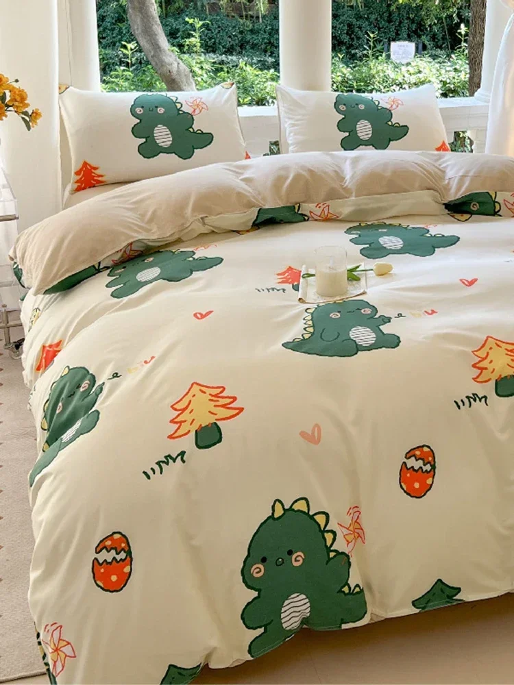 Kawaii Dinosaur Baby Printed Bed Set Floral Duvet Cover Pillowcase Bedding Set Cute Bed Sheet Quilt Cover Single Queen King Size