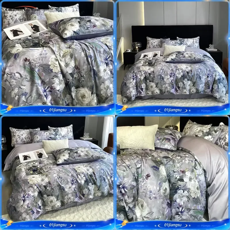1000TC Egyptian Cotton Bedding Set Vintage Oil Painting Plant Flower Duvet Cover Sheet Pillowcases Soft Luxury Home Textile