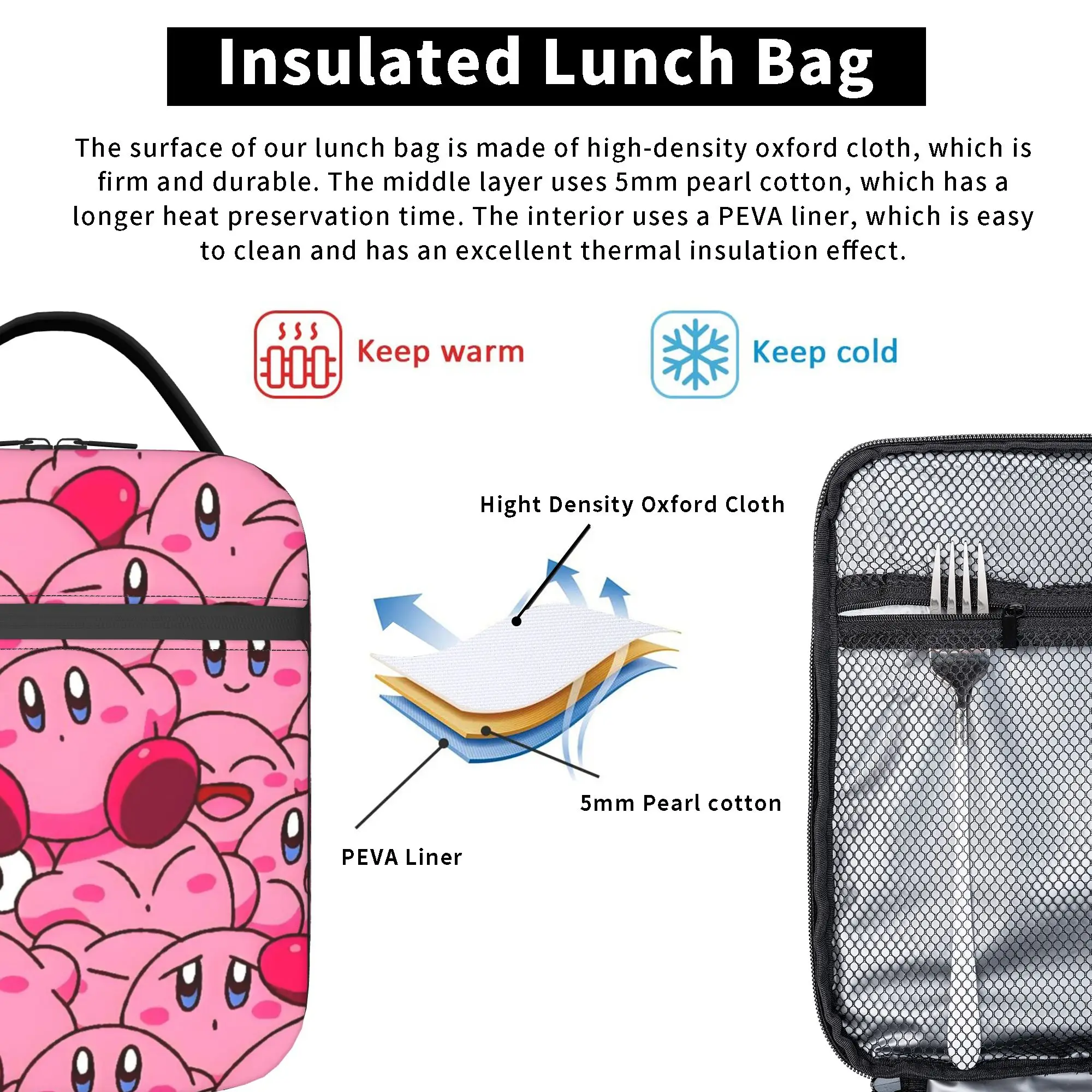 Custom K-Kirbys Portable Lunch Boxes Waterproof Classic Game Characters Cooler Thermal Food Insulated Lunch Bag School Student view 3