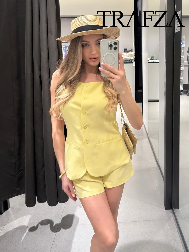 

TRAFZA Women Shorts Suit Summer Single Breasted Vest-style Sleeveless Vest Top+Chic High Waist Zipper Side Pocket Casual Shorts