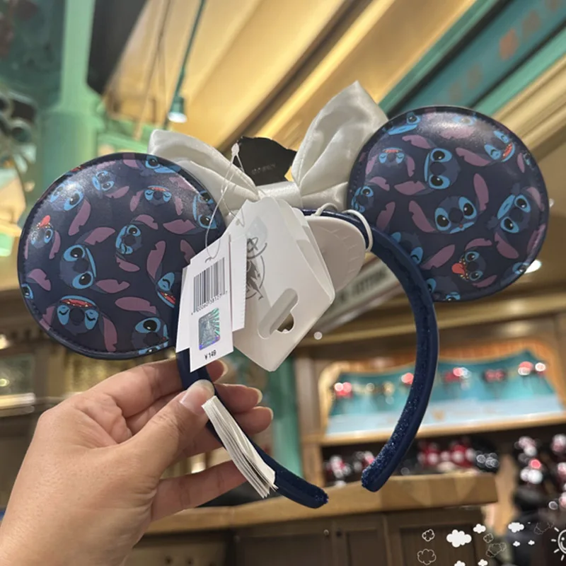 Disney Lilo & ponto PU couro Headband, desenhos animados arco bordado, Emblema de metal, Mickey orelha Headwear, Shanghai Disneyland