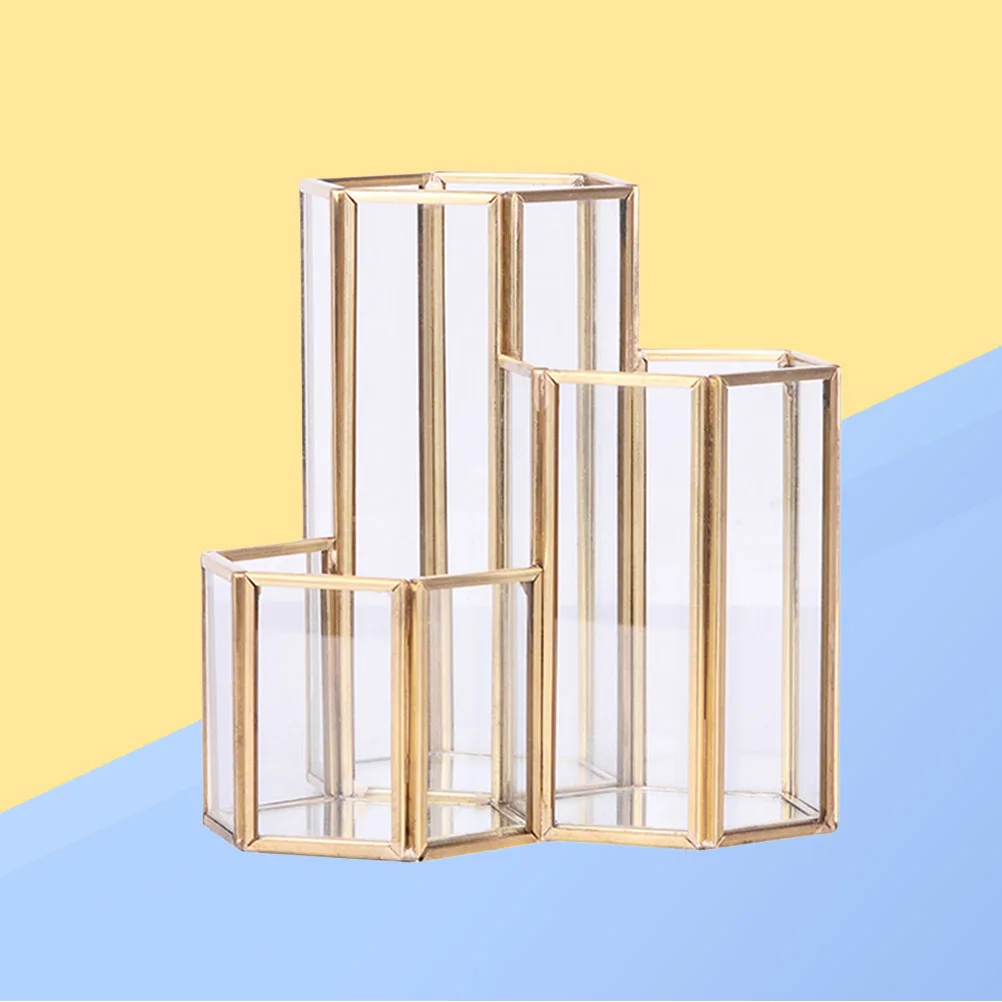 Glass Pen Container Hexagonal Nordic Gold Desktop Pencil Holder Pen Organizer Portable Pencil Container