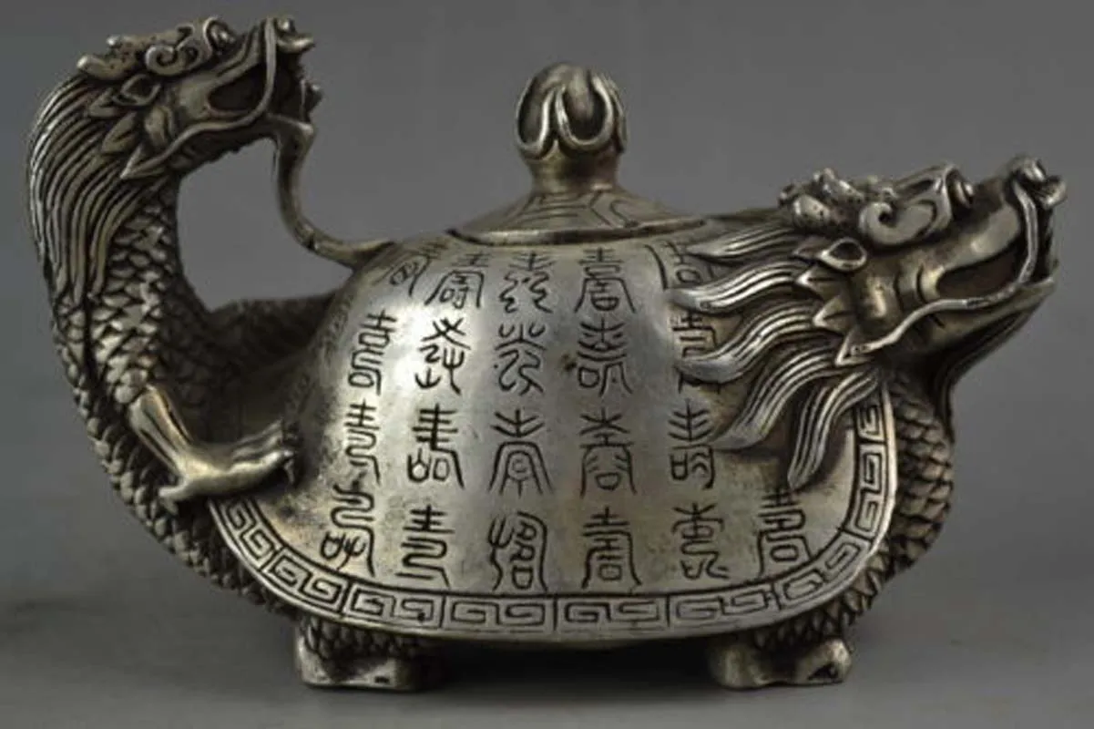 

collectable Decorated Old Handwork Tibet Silver Carved Dragon Tortoise Tea Pot