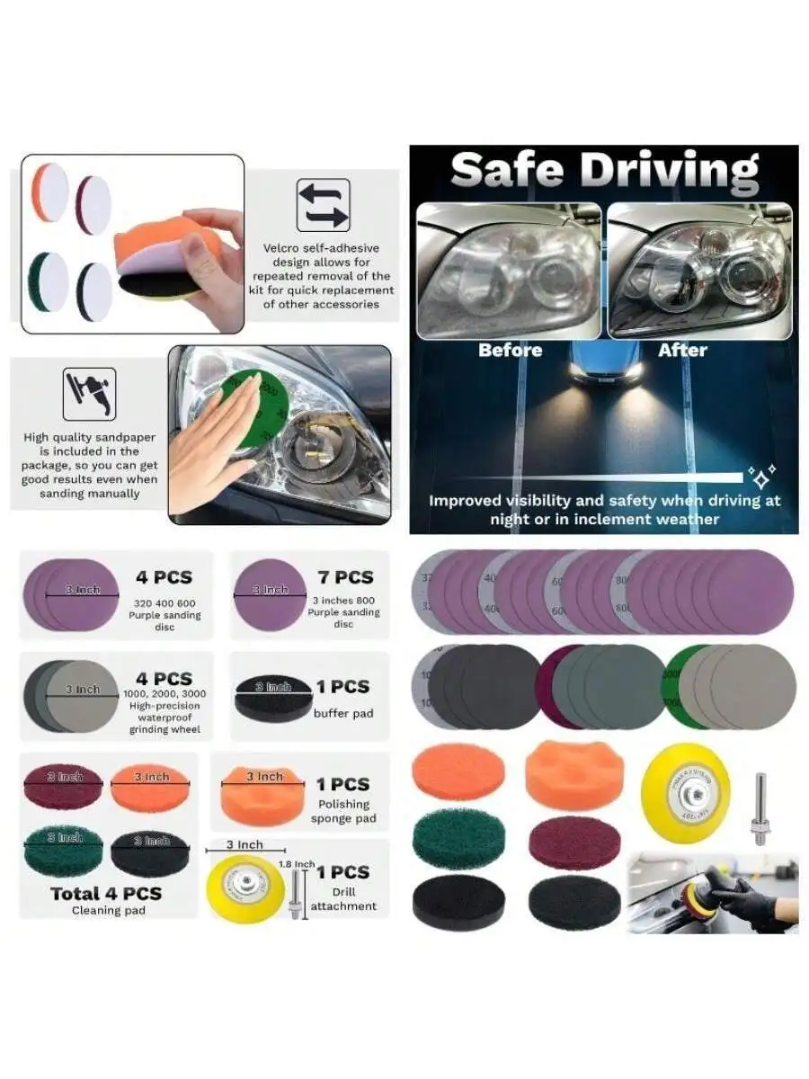 38Pcs Car Headlight Restoration Kit, 3 Inch Headlight Polishing Kit, Headlight Cleaning Kit With Sanding Disc Scouring Pad