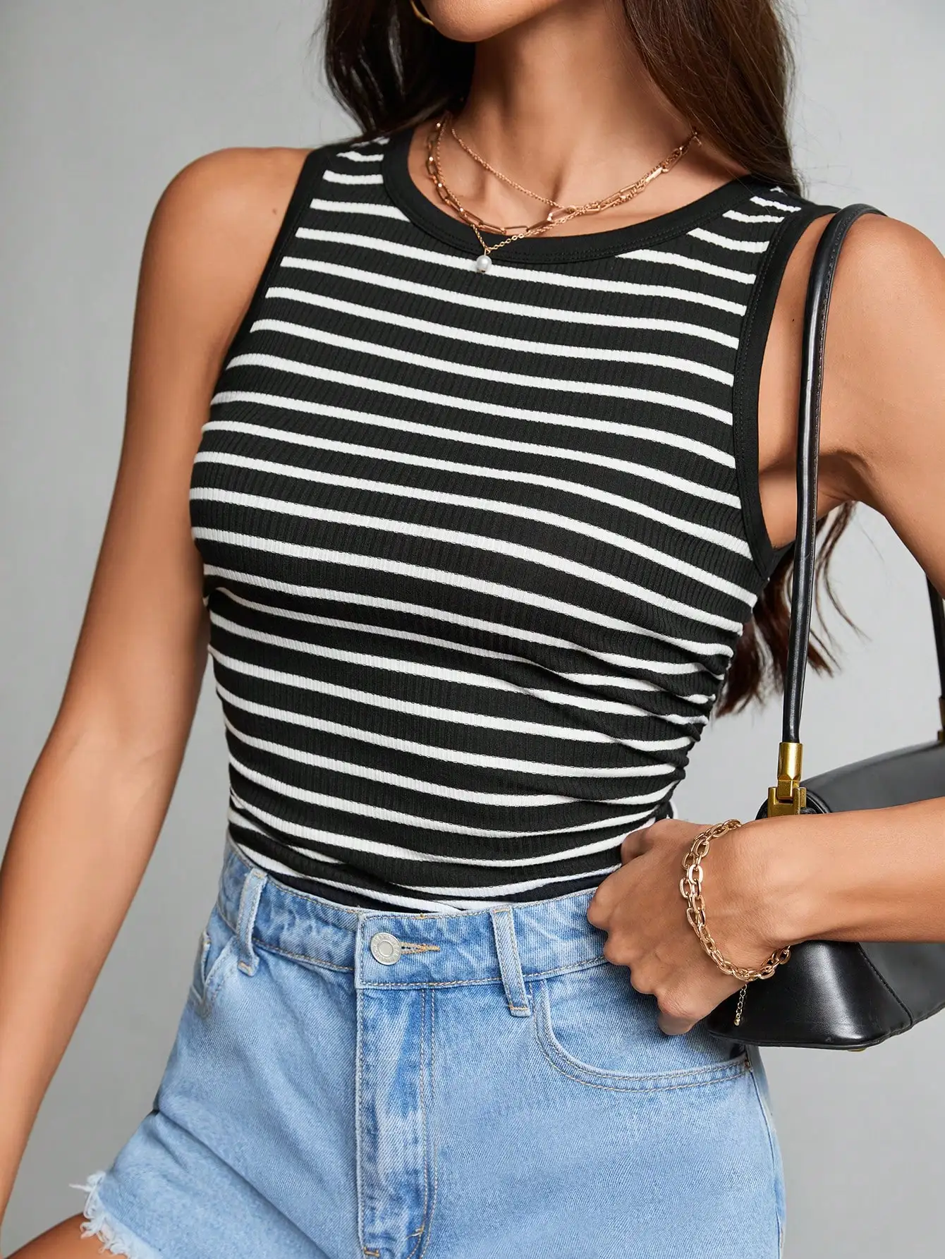 

European and American spring, summer and autumn striped casual round neck vest two-piece set