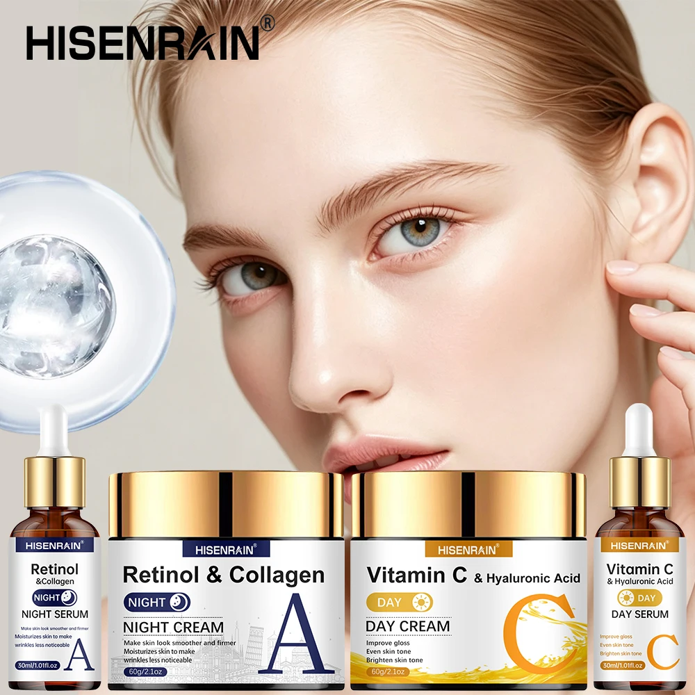 HISENRAIN Conjunto de 4 Peças de Sérum e Creme de Dia e Noite com Vitamina C e Ácido Hialurônico, firma a pele, hidratação profunda, fácil absorção.