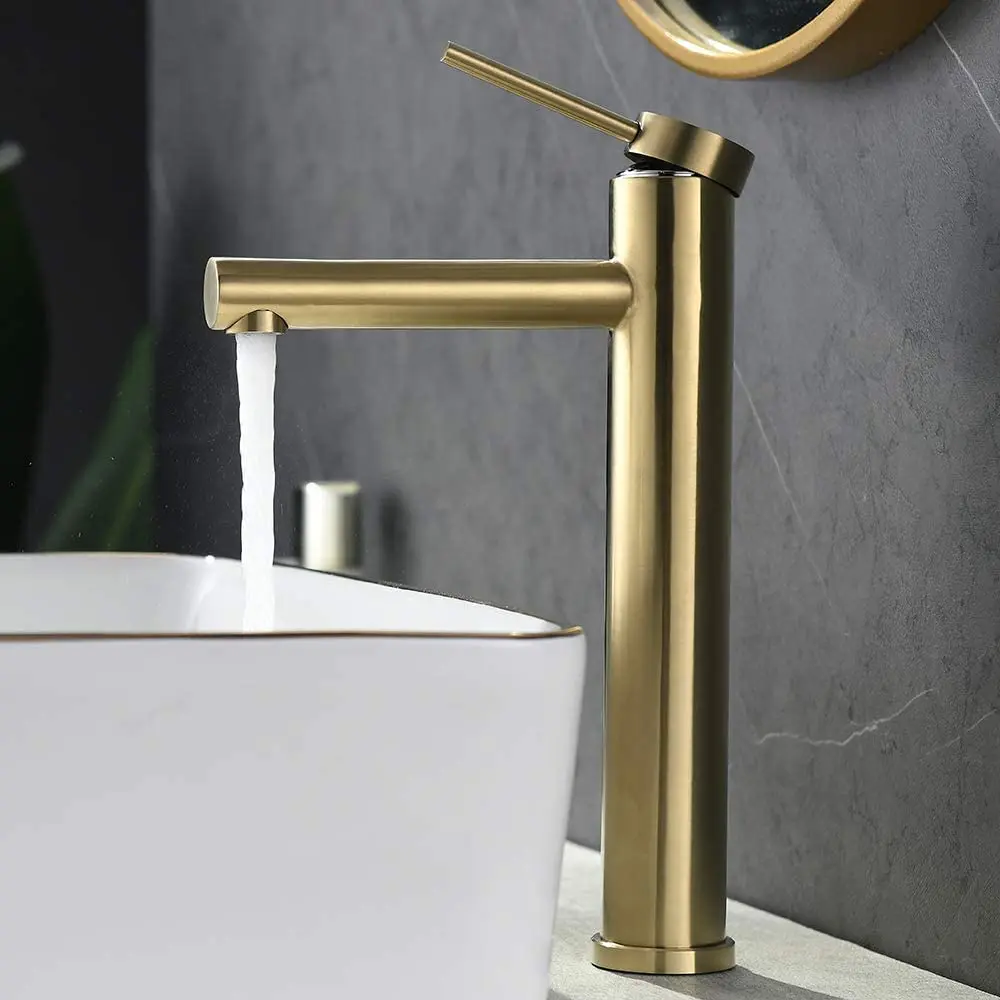 

Brushed Gold Tall Bathroom Vessel Sink Faucet,One Handle Lavatory Vessel Basin Mixer Tap Brass Vanity Vessel Sink Faucet