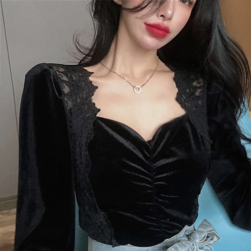 2024 sexy black lace stitching shirt female spring and autumn gauze velvet bottoming shirt female Korean temperament slim pullov