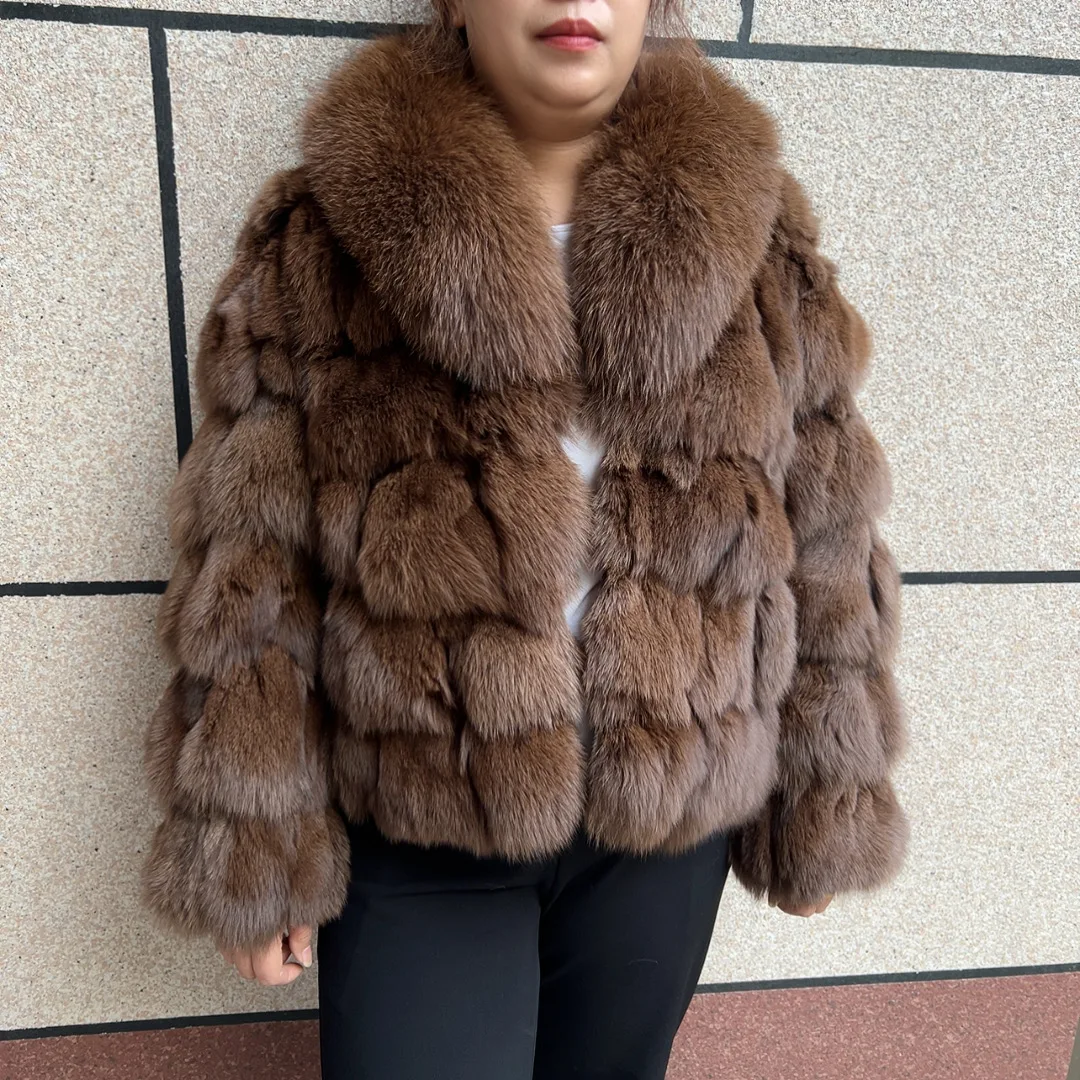 Chaqueta de Piel de Zorro Natural para Mujer HUA QIU MEI SI con Cuello de Zorro para el Invierno, Chaqueta Corta de Piel de Zorro Auténtica